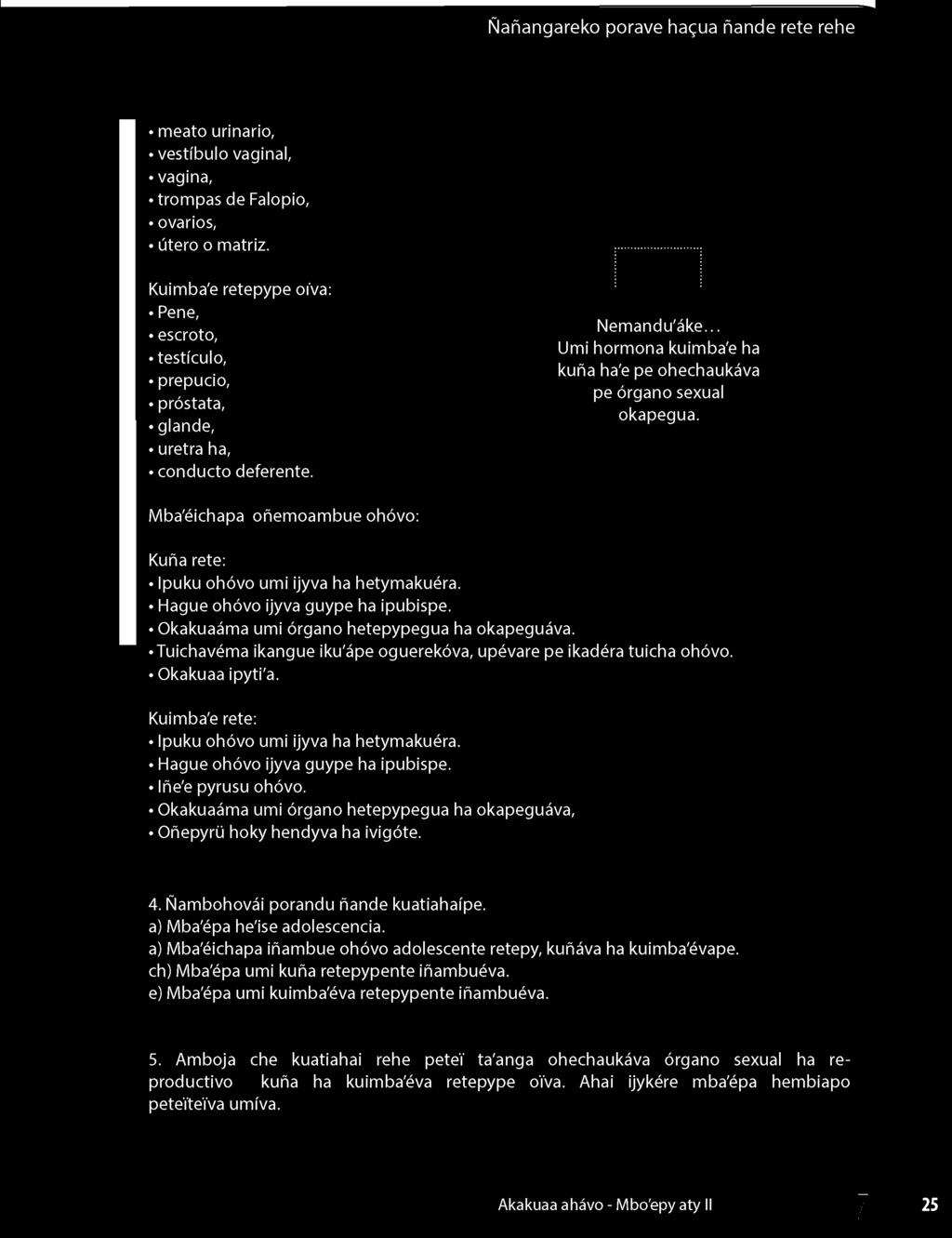 Hague ohóvo ijyva guype ha ipubispe. Okakuaáma umi órgano hetepypegua ha okapeguáva. Tuichavéma ikangue iku'ápe oguerekóva, upévare pe ikadéra tuicha ohóvo. Okakuaa ipyti'a.