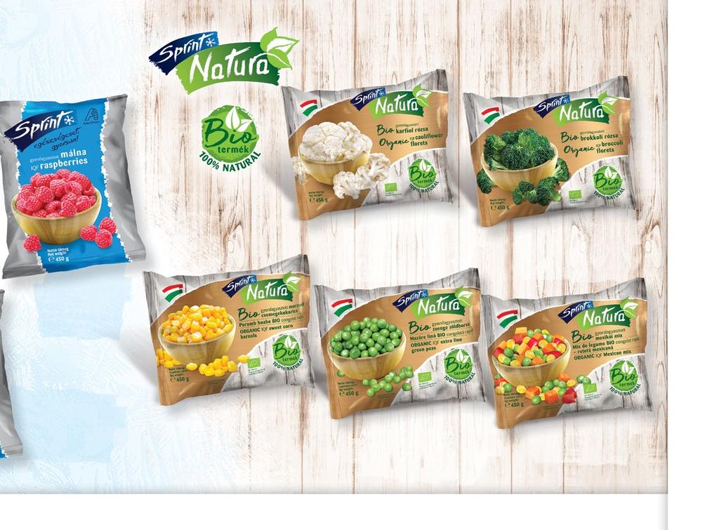 Sprint málna raspberries Himbeeren Sprint erdei gyümölcskeverék forest fruit mix BIO Sprint Natura morzsolt csemegekukorica Organic corn kernels Bio Maiskörner BIO Sprint Natura karfiol rózsa Organic
