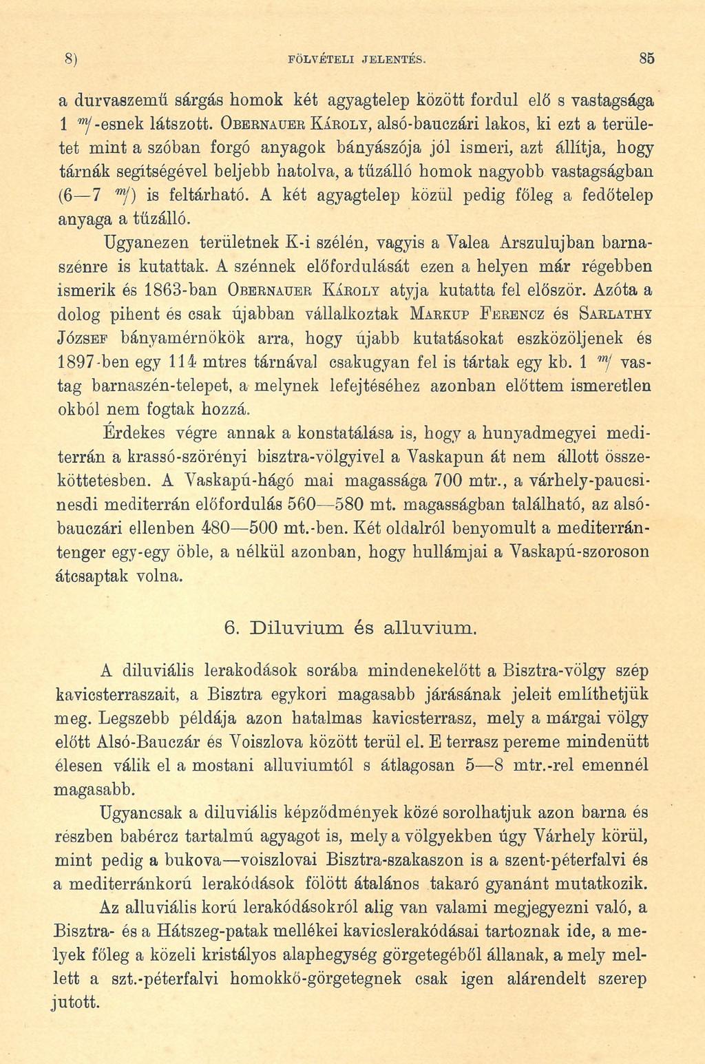 8) FÖLVÉTELI JELENTÉS. 85 a durvaszemű sárgás homok két agyagtelep között fordul elő s vastagsága 1 -esnek látszott.