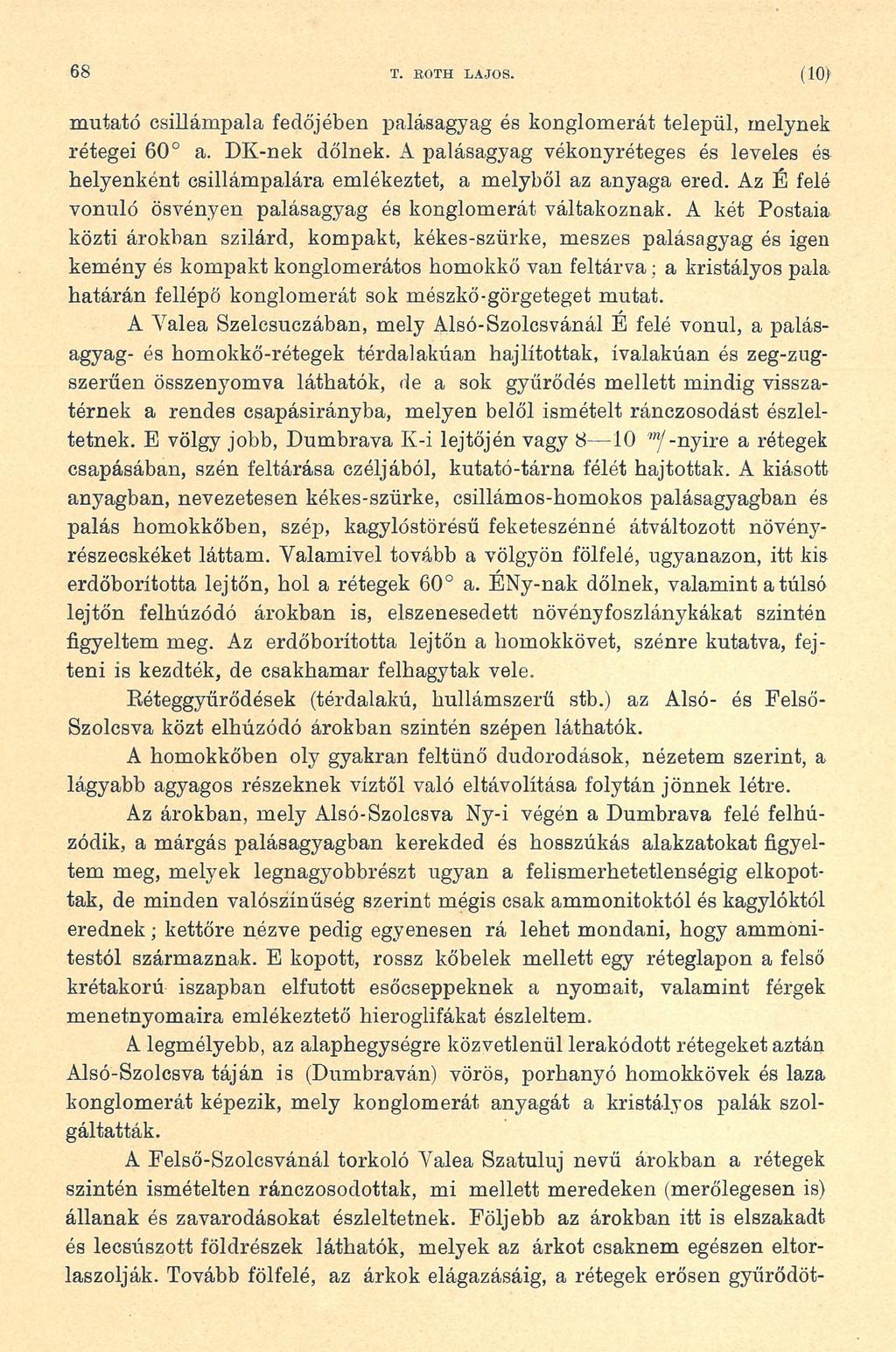 68 T. KOTH LAJOS. (10) mutató csillámpala fedőjében palásagyag és konglomerát települ, melynek rétegei 60 a. DK-nek dőlnek.