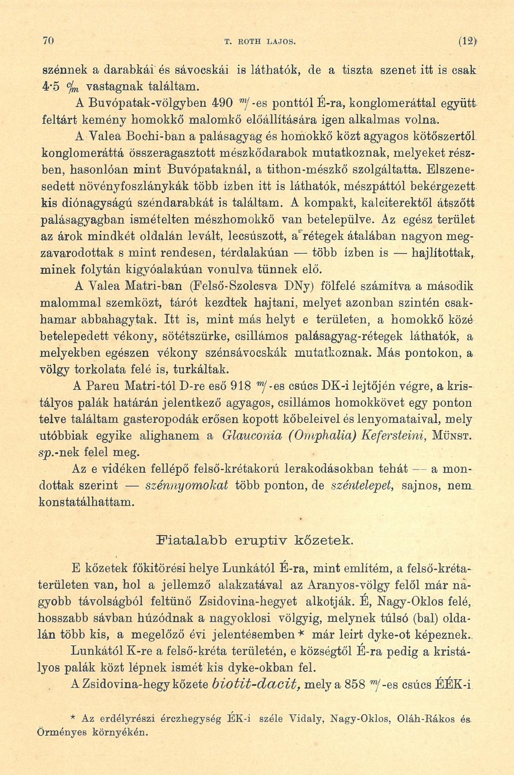 70 T. ROTH LAJOS. (12> szénnek a darabkái és sávocskái is láthatók, de a tiszta szenet itt is csak 4-5 vastagnak találtam.