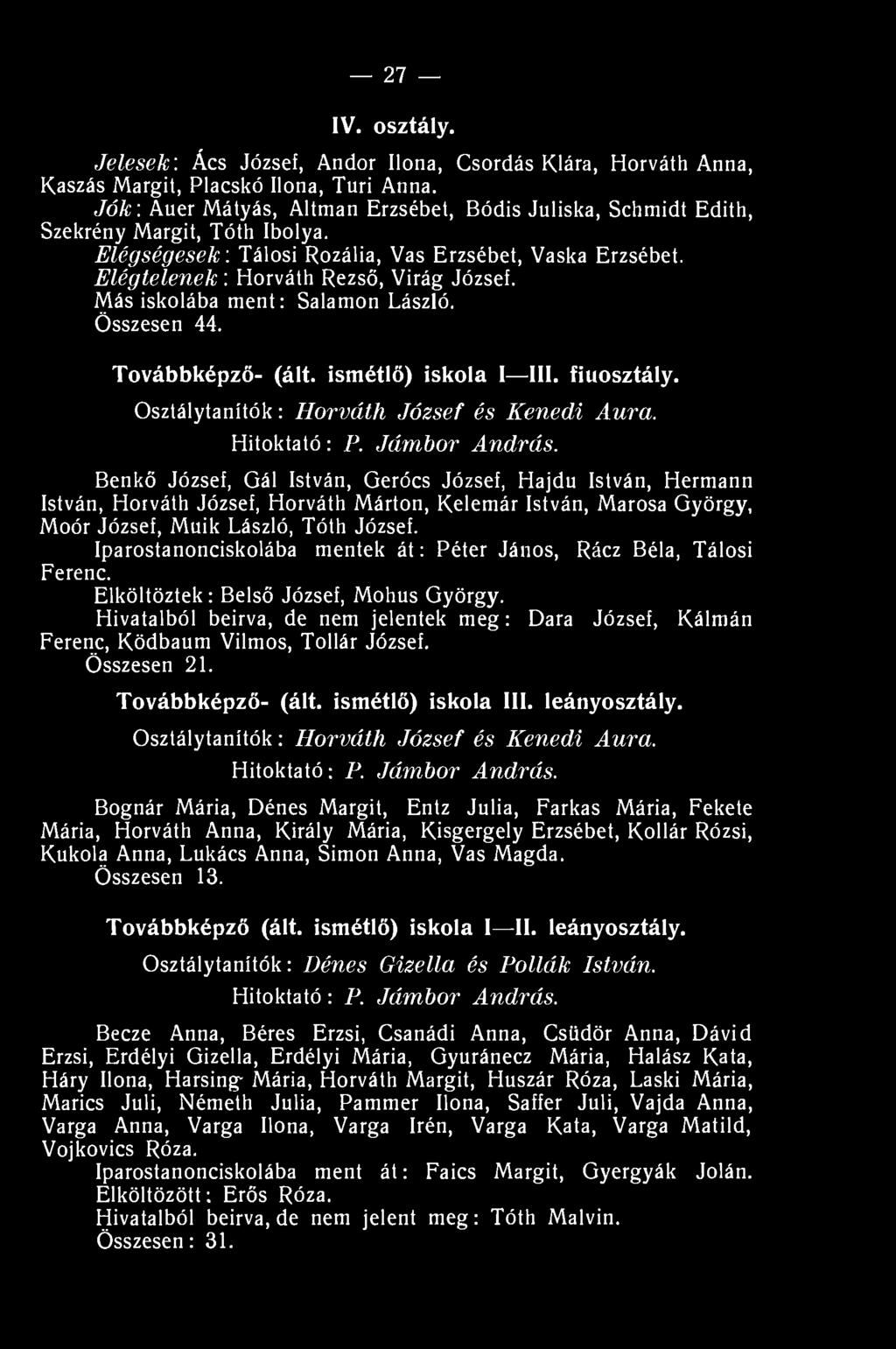 Más iskolába ment: Salamon László. Összesen 44. Továbbképző- (ált. ismétlő) iskola I III. fiúosztály. Osztálytanítók: Horváth József és Kenedi Aura. Hitoktató: P. Jámbor András.