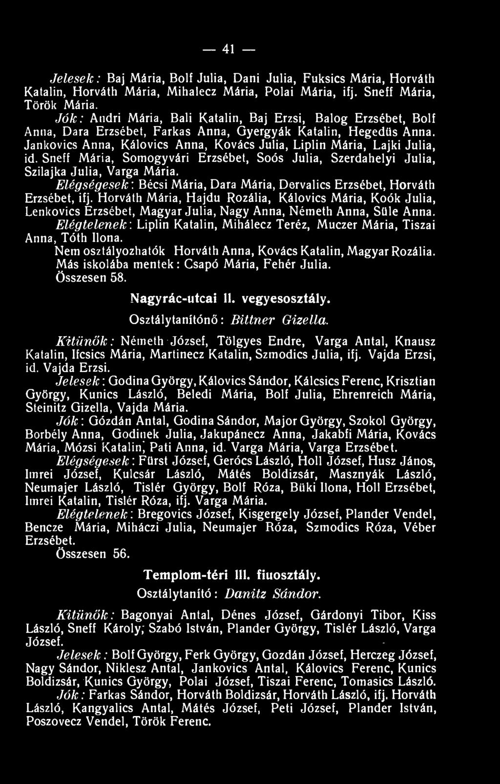 Jankovics Anna, Kálovics Anna, Kovács Júlia, Liplin Mária, Lajki Júlia, id. Sneff Mária, Somogyvári Erzsébet, Soós Júlia, Szerdahelyi Júlia, Szilajka Júlia, Varga Mária.