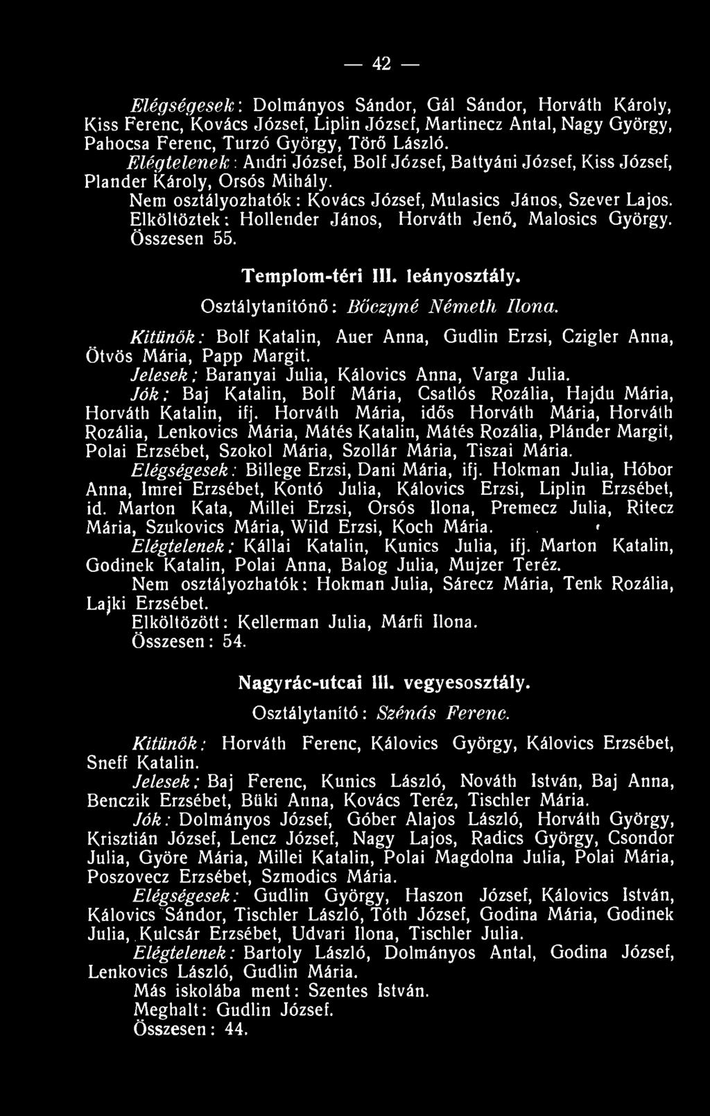 Elköltöztek: Hollender János, Horváth Jenő, Malosics György. Összesen 55. Templom-téri III. leányosztály. Osztálytanítónő: Böezyné Németh Ilona.
