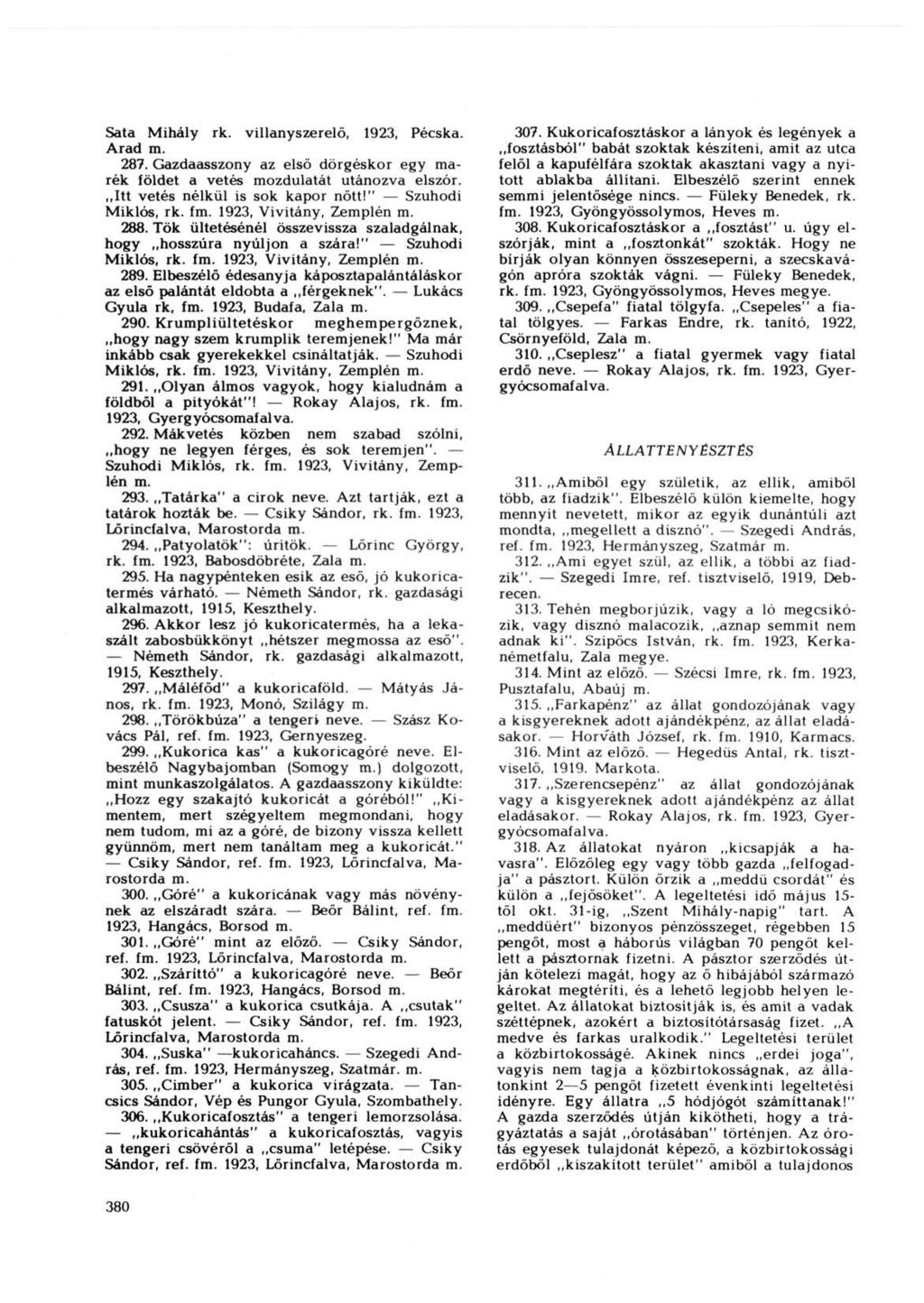 Sata Mihály rk. villanyszerelő, 1923, Pécska. Arad 287. Gazdaasszony az első dörgéskor egy marék földet a vetés mozdulatát utánozva elszór.,,itt vetés nélkül is sok kapor nőtt!" Szuhodi Miklós, rk.
