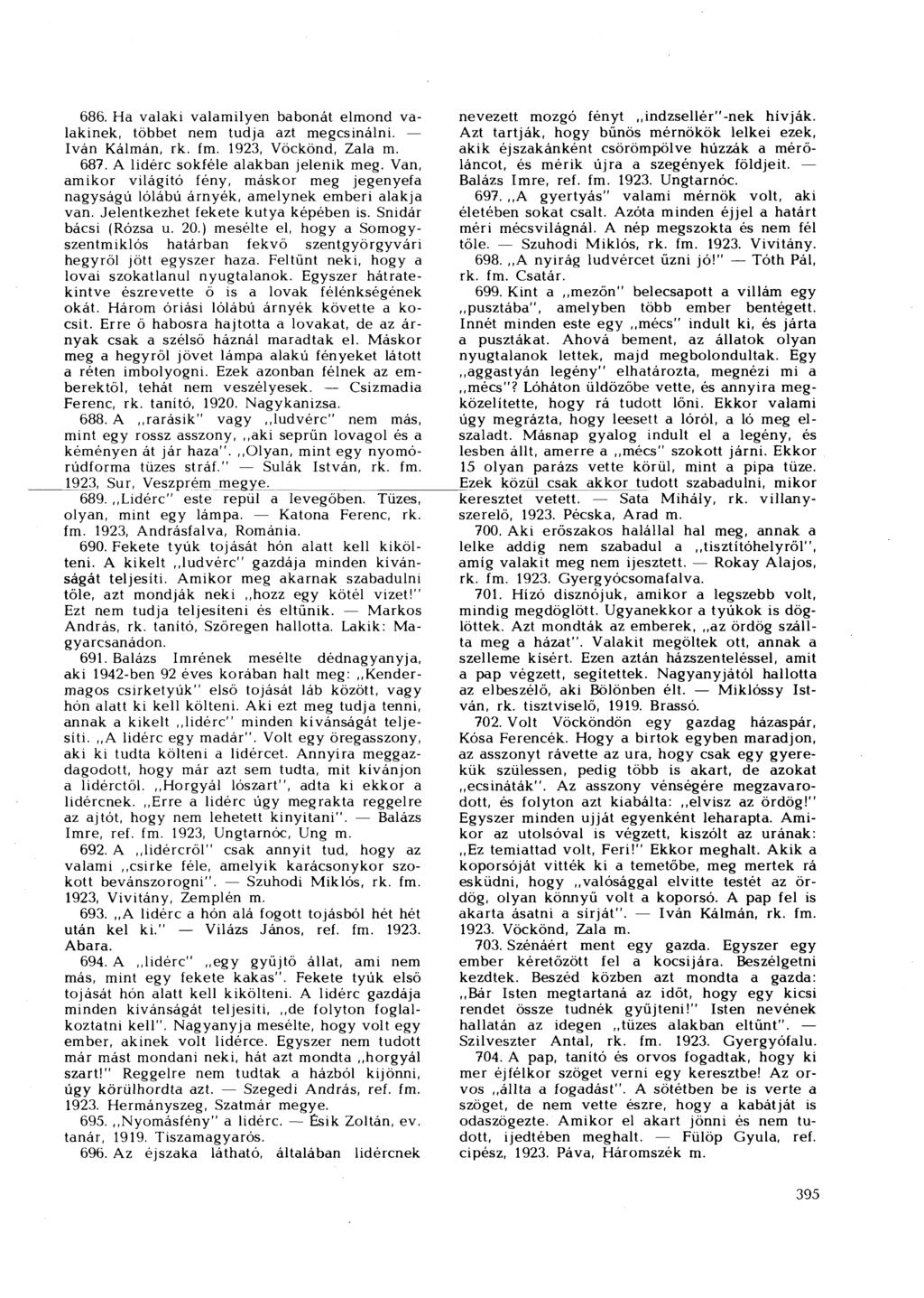 686. Ha valaki valamilyen babonát elmond valakinek, többet nem tudja azt megcsinálni. Iván Kálmán, rk. f 1923, Vöckönd, Zala 687. A lidérc sokféle alakban jelenik meg.