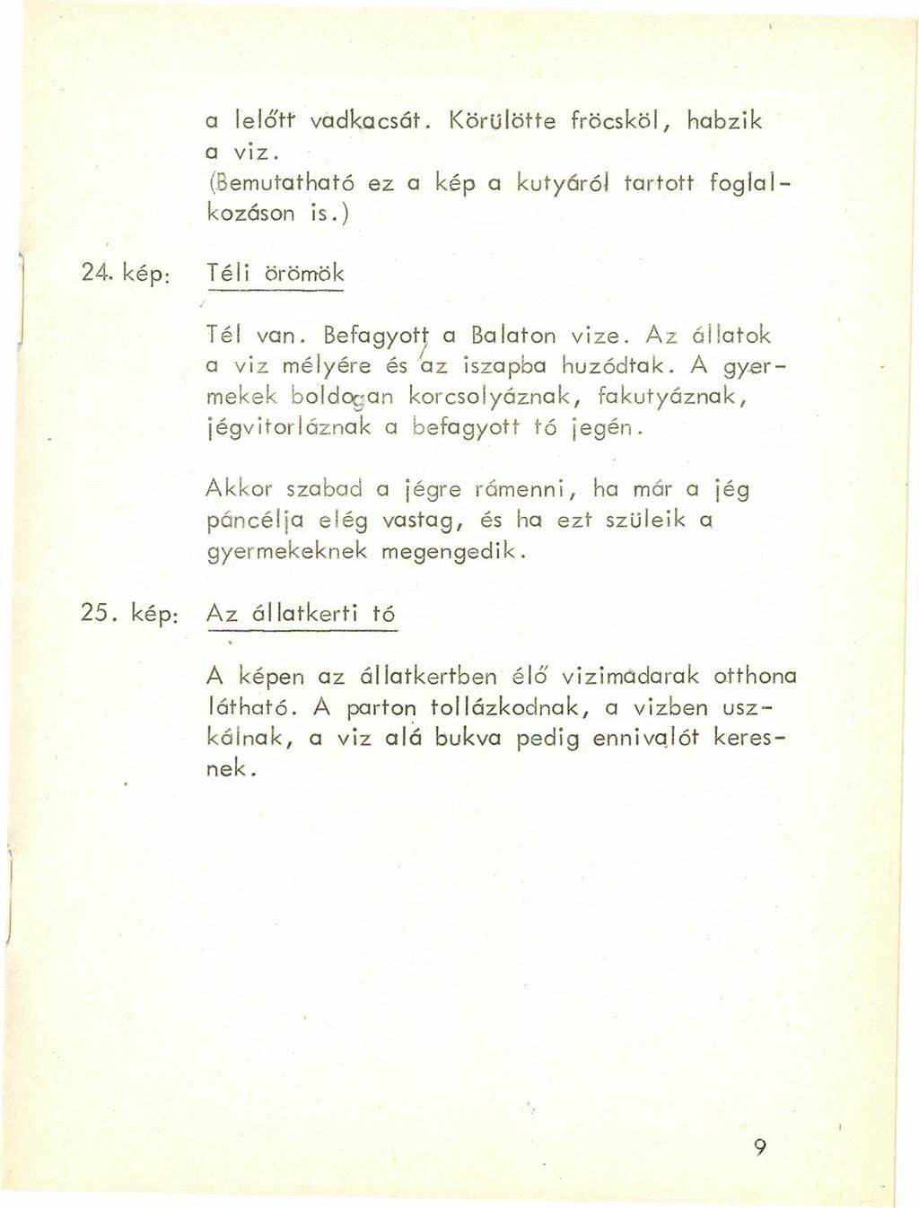 a lelőt!' vadkocsát. Körülötte fröcsköl, habzik a viz. (Bemutatható ez a kép a kutyáról tartott fogla 1- kozóson is.) 24. kép: Téli örömök J Tél van. Befagyot; a Balaton vize.