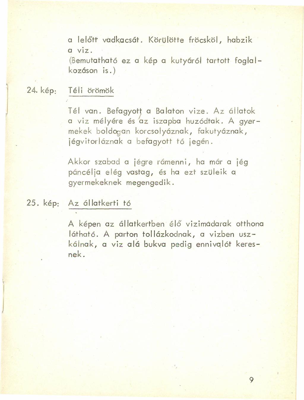 a lelőt!' vadkocsát. Körülötte fröcsköl, habzik a viz. (Bemutatható ez a kép a kutyáról tartott fogla 1- kozóson is.) 24. kép: Téli örömök J Tél van. Befagyot; a Balaton vize.