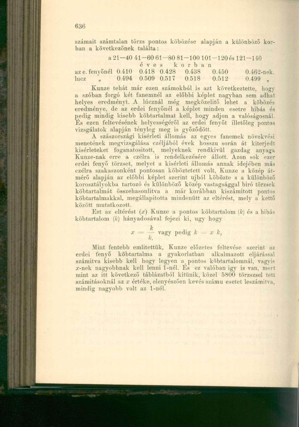 it számtalan törzs pontos köbözése alapján a különböző korban a következőnek találta: a -40 4-60 6-80 8-00 0-0 és -40 é v e s k o r b a n az e. fenyőnél 0.40 0.48 0.48 0.438 0.450 0.46-nek. lucz 0.