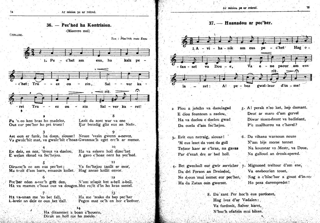 " Gun.t.ou. Ar mision pe ar retred. 36. - Peched ha Kontrision. (Miserere mei).. Tvn : Placl>ih, i!