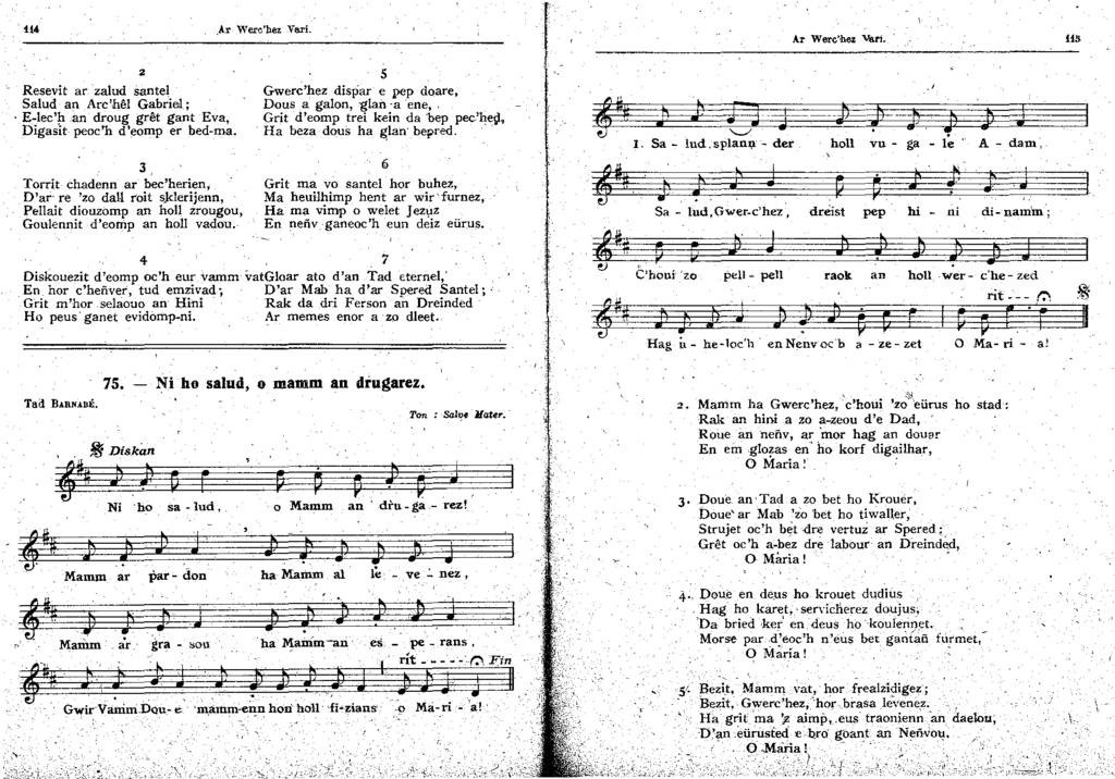 4 _Ar Werehez Ve.ri. Resevit ar zalud Sante! Salud an Archêl Gabriel; E-lecP.an droug grêt gant Eva, Digasit- peoch deomp er bedma.