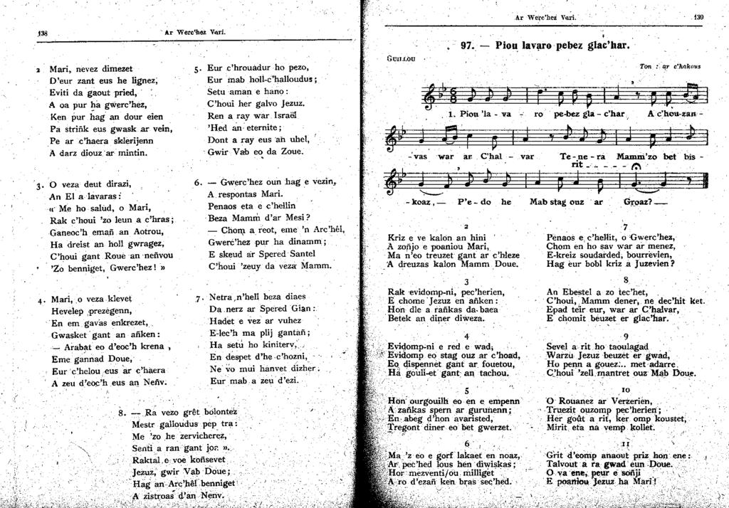 Ar WefeheZ Vrari. )38 Ar Werc bet VoUi. :a- Mari, nevez dimezet 0-eur zant eus he lignez; Eviti da gaout pried, A oa pur a gwerchéz, Kn Pur hag an dour eien Pa strifik eus gwask ar vein, _Pe ar.