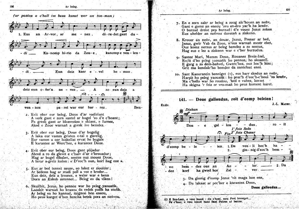 "" Ar beleg. (ar poziof! a chell ive beza kanet par an ton-man),, ) J J J ) r J p p p û J. Eus an. Ar-vor, ar me " -= 7JliJ }J,.. ii. & J l : ôh. nez, di:- re-det gant du-. \ >- lppp&o.