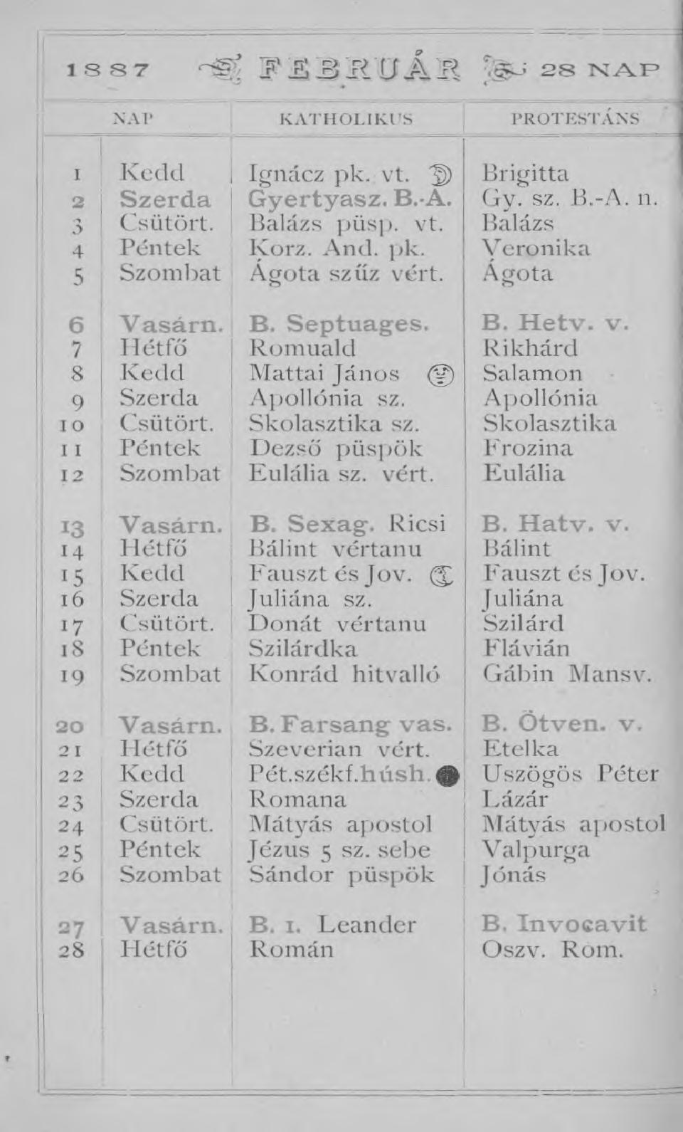 1887 r~@/ í? Í5 3 I i U Á S 28 N A P N AP KATH O LIKU S PROTESTÁNS - I i Kedd 2 Szerda 3 Csütört. 4 Péntek 5 Szombat Ignácz pk. vt. " ) Gyertyasz. B.-A. Balázs püsp. vt. Korz. And. pk. Ágota szűz vért.