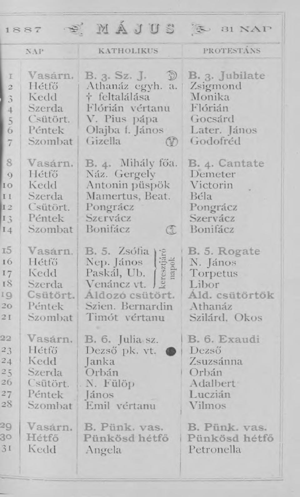 18 8 7 Tg* j'/j. Á J 1/ S ' j^- a i x / v i SA I* K A T H O U K U S P R O T E S T Á N S 1 Vasárn. B. 3. Sz. J. * ) 2 : Hétfő Athanáz cgyh. a. 3 i Kedd!