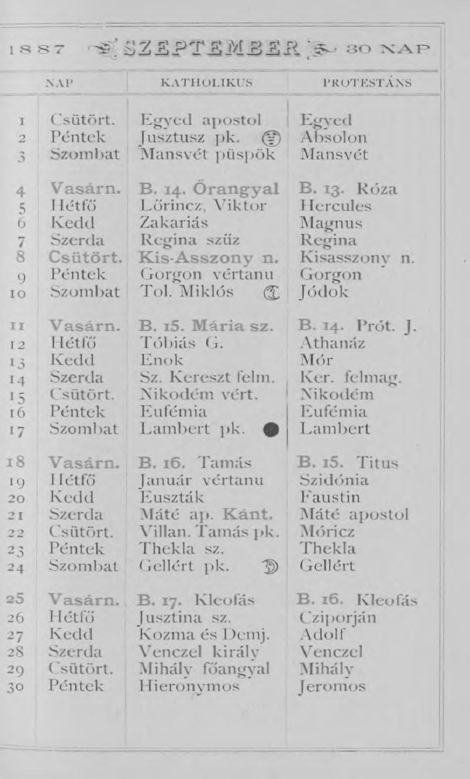 1S 8 7 < s ) 2: P T ^ j'/x f5jljí > 3 0 X N A P K A TH O I.IK.U S l'k O T K S T Á N S 1 Csütört. 2 Péntek 3 Szombat Egyed apostol Egyed [usztusz pk. (?) Absolon Mansvét püspök Mansvét 4 Vasárn.