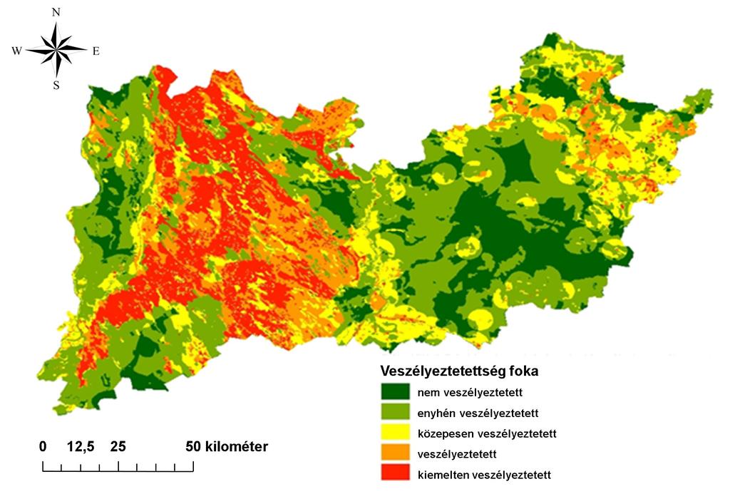 The common milkweed (Asclepias syriaca) dispersal hazard map of Southern Hungarian Great Plain (NUTS 2) Az általunk szerkesztett potenciális elterjedési térképeken nagyon jól látszanak a két faj