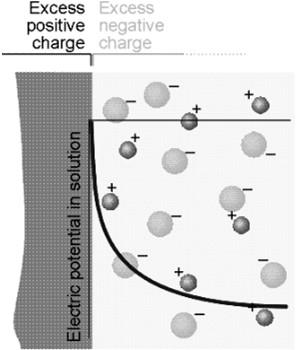A Nernst-féle diffúziós réteg és a Helmholtz-féle elektromos kettősréteg az elektród felületén.