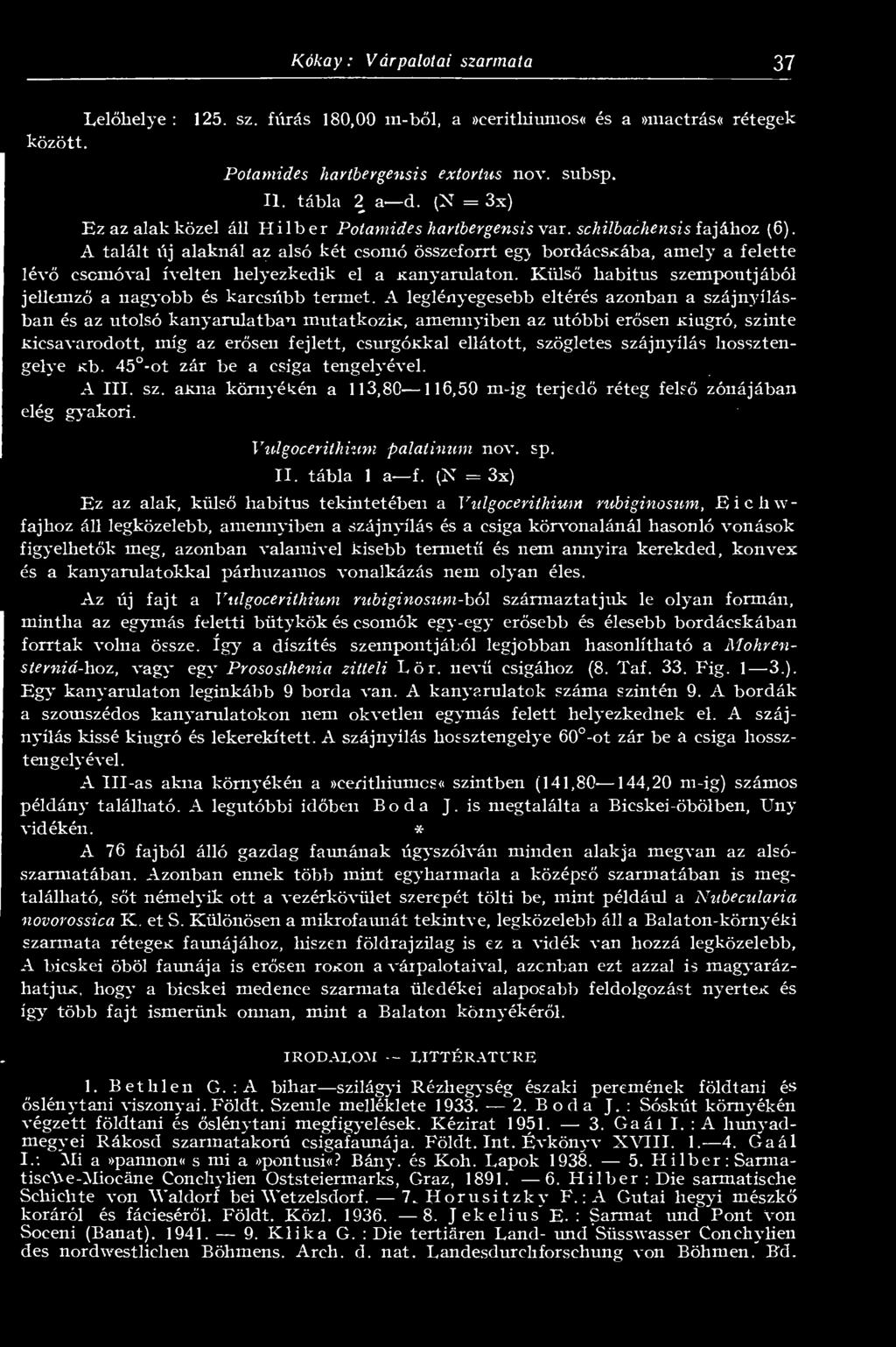 szájnyílás hossztengelye Kb. 45 -ot zár be a csiga tengelyével. A III. sz. akna környékén a 113,80 116,50 m-ig terjed réteg fels zónájában elég gyakori. Vulgocerithium palatinum nov. sp. II. tábla 1 a f.