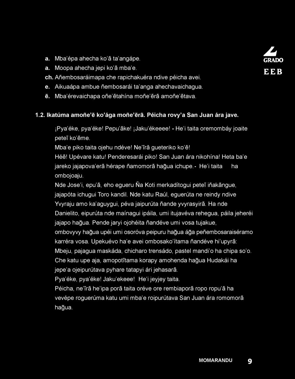 Ne íra gueteriko ko é! Héé! Upévare katu! Penderesarái piko! San Juan ára nikohína! Heta ba e jareko jajapova erá hérape ñamomorá hagua ichupe.- He i taita ha ombojoaju.