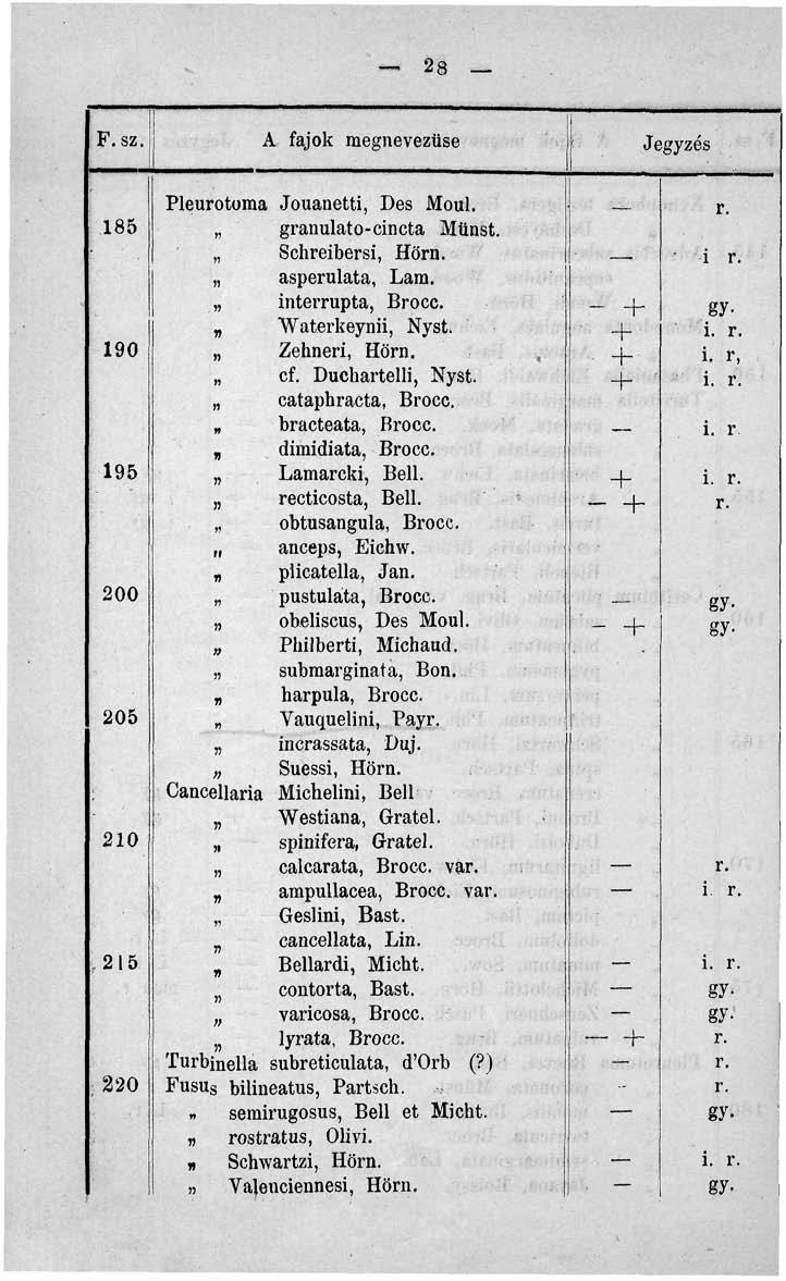28 F.sz. 185 190 195 200 205 210 r 215,220 A fajok megnevezüse Pleurotoma Jouanetti, Des Moul. granulato-cincta Münst. Schreibersi, Horn. asperulata, Lam. interrupta, Brocc. 'Waterkeynii, Nyst.
