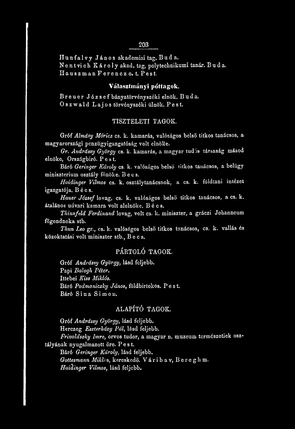 , cs, k. valóságos belső titkos taácsos, cs. k. vallás és közoktatási volt miiszter stb., Becs. PÁRTOLÓ TAGOK. Gróf Adrássy György, lásd feljebb. Papi Balogh Péter. Ittebei Kiss Miklós.