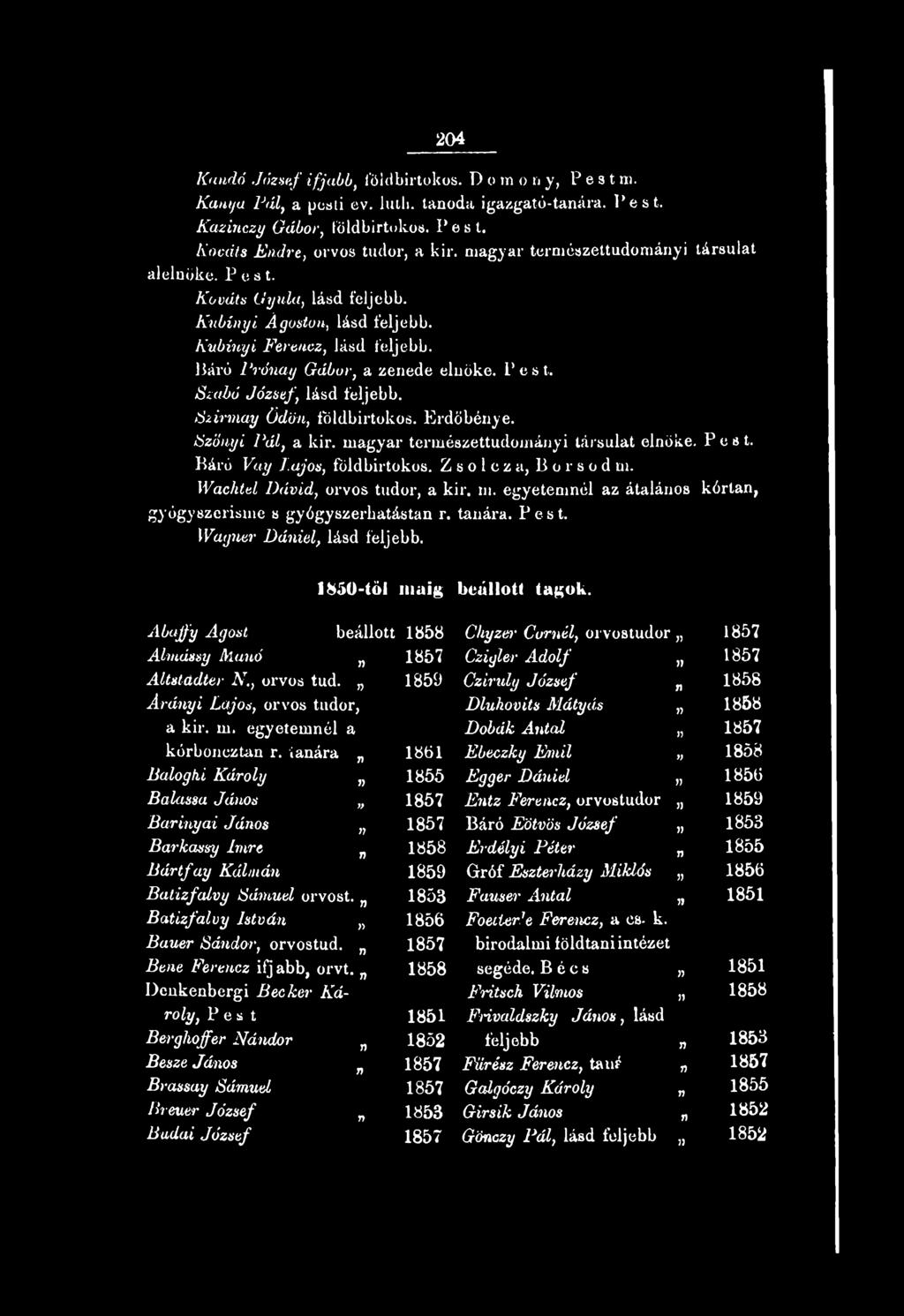 Abaffy Ágost beállott Chyzetr Curél, orvostudor 1 Almássy Maó Czigler Adolf 1 Altstádter N., orvos tud. 1859 Cziruly József fi Aráyi Lajos, orvos tudor, Dluhovits Mátyás a kir. m.