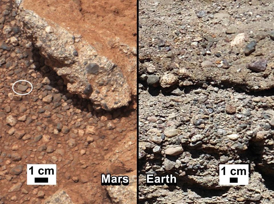 Tézisfüzet 1. ábra: Balra: ősi folyómeder a Marson, melyet a Curiosity űrszonda fényképezett le 2012. szeptemberében. Jobbra: egy hasonló folyóvízi konglomerátum a Földön.