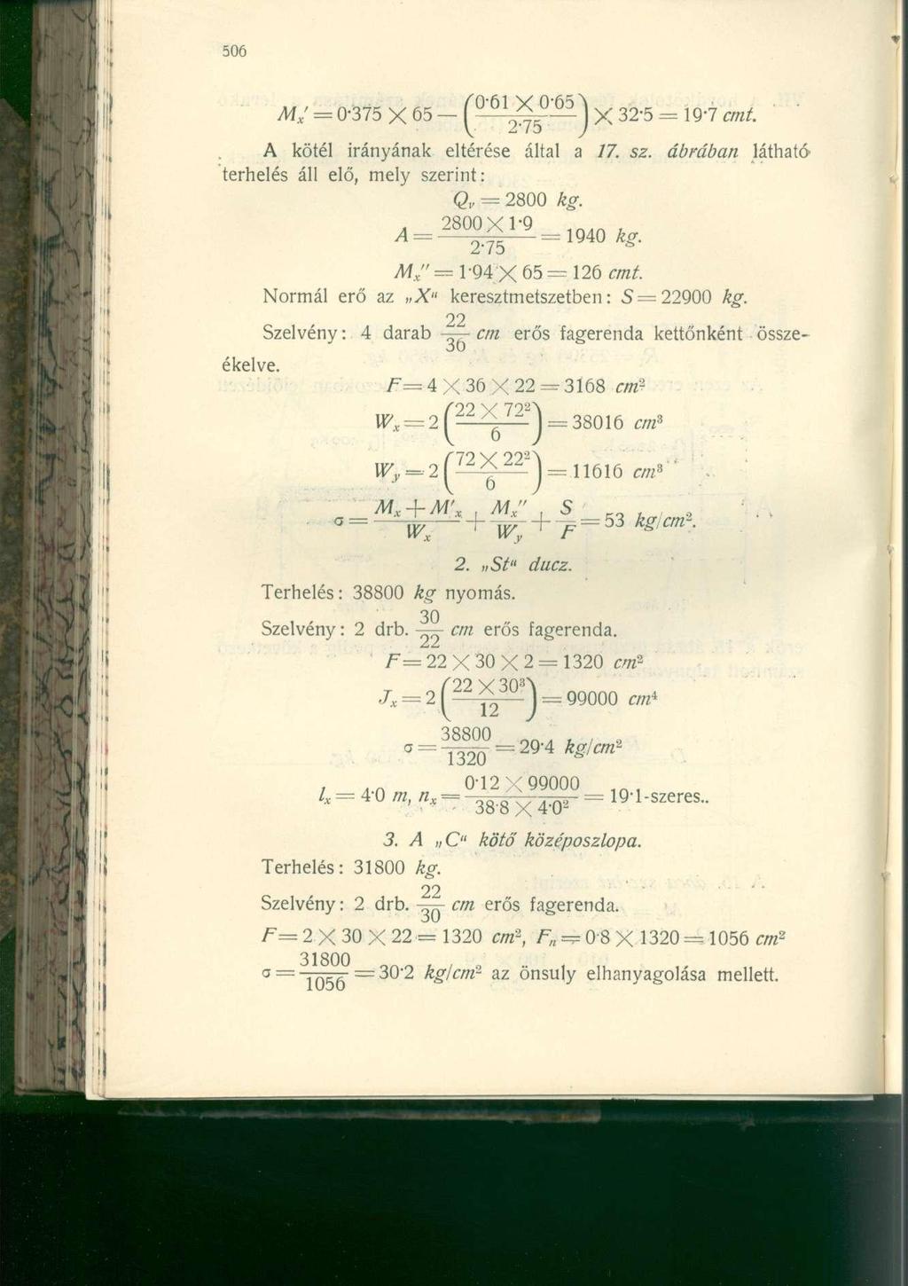 M x' = 0-375 X 65 Í Q61 2^ ) X 32-5 = ÍQ'7 cmt. A kötél irányának eltérése által a 17. sz. ábrában láthatóterhelés áll elő, mely szerint: Q v = 2800 kg. Normál M x" = 1-94 X 65 = 126 cmt.