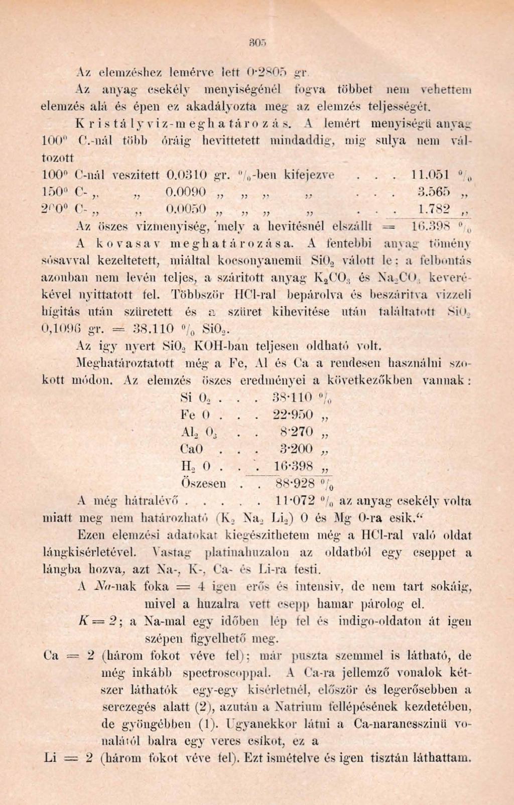 Az elemzéshez lemérve lett 0-2805 gr Az anyag csekély menyiségénél fogva többet nem vehettem elemzés alá és épen ez akadályozta meg az elemzés teljességét. K r is tá ly v i z-m e g h a táró z á >.