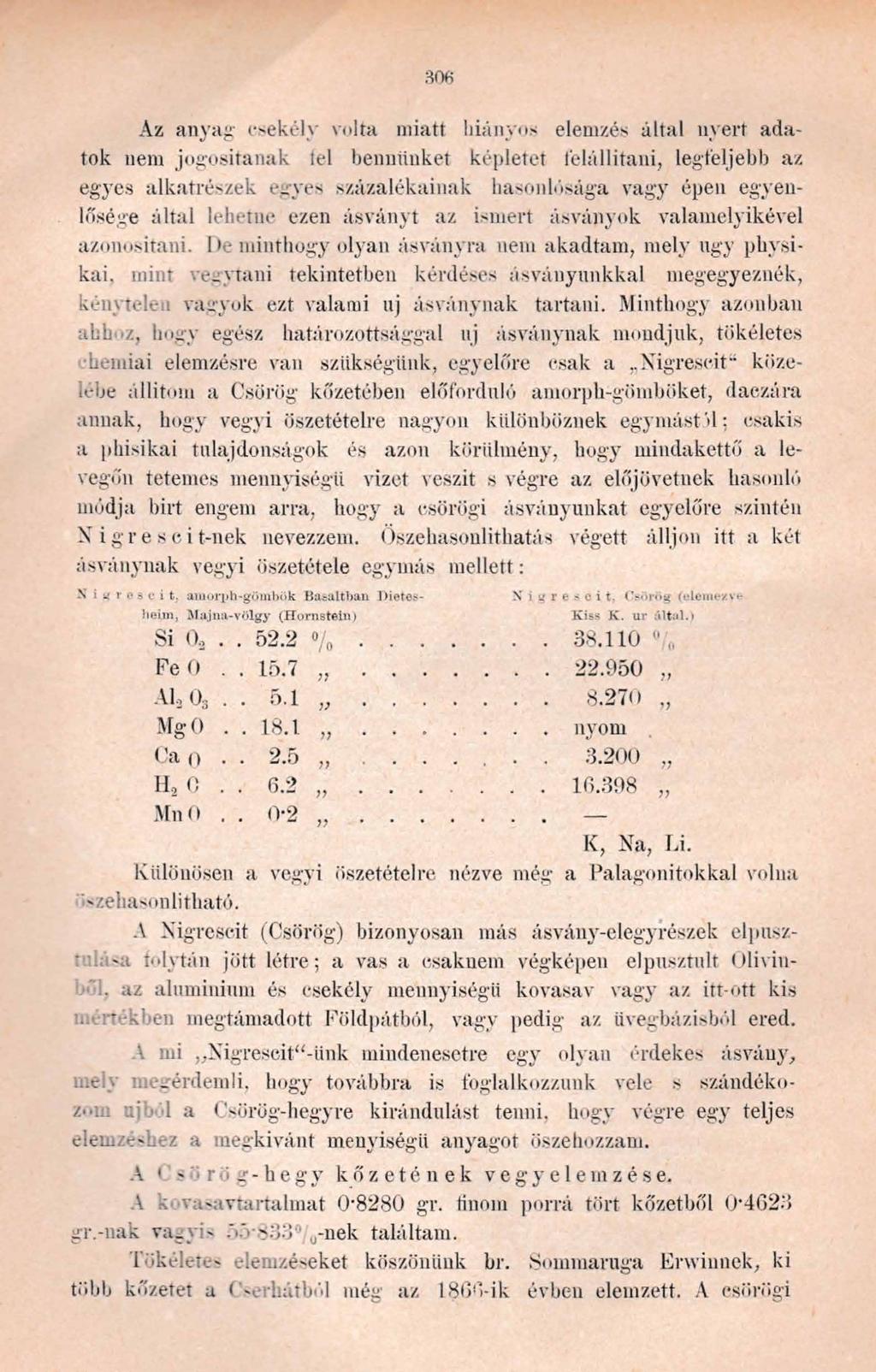 Az anyag csekély volta miatt hiányos elemzés által nyert adatok nem jogosítanak lel bennünket képletet felállítani, legfeljebb az egyes alkatrészek egyes százalékainak hasonlósága vagy épen