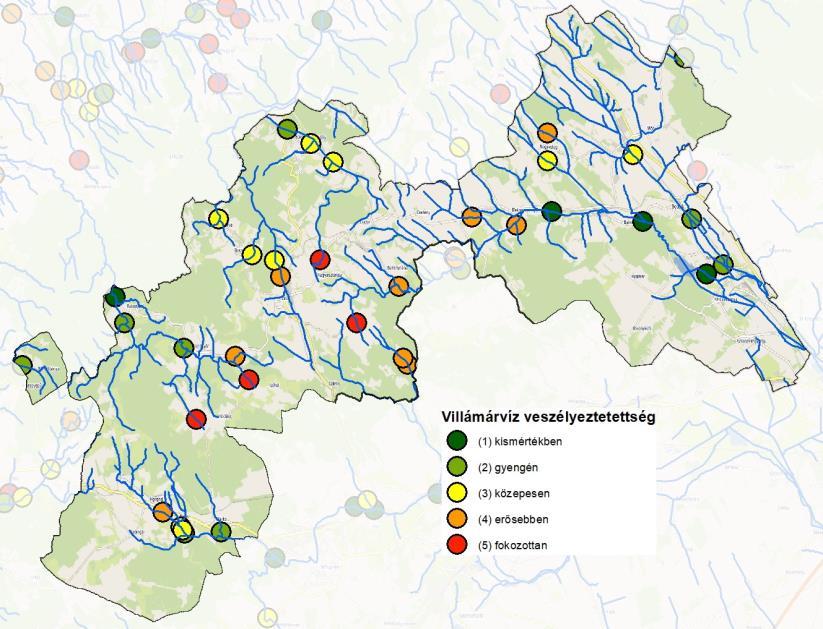 térség egyes részei veszélyeztetettek villámárvízi elöntésekkel. 38. ábra: Villámárvíz veszélyeztetettség Forrás: Nemzeti Alkalmazkodási Térinformatikai Rendszer A Bakony térségében 2014., 2016.