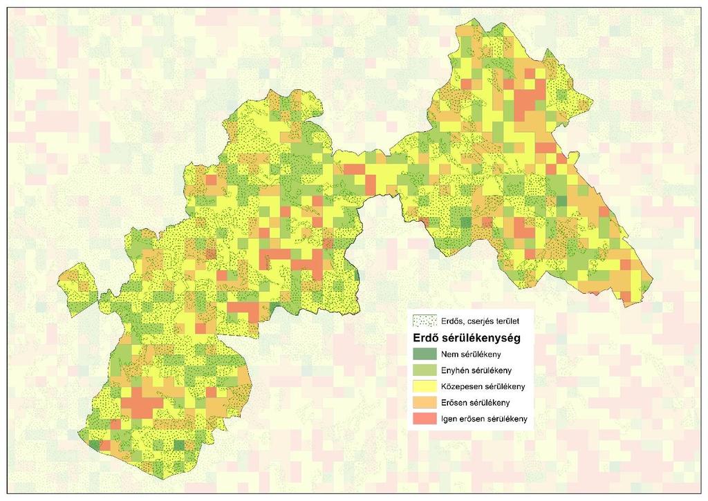 46. ábra: Erdős, cserjés borítású területek, és az erdészeti sérülékenység az egyesület területén forrás: NATéR, CORINE Az erdők összesített sérülékenysége alapján az Egyesület helyzetben jelentősen