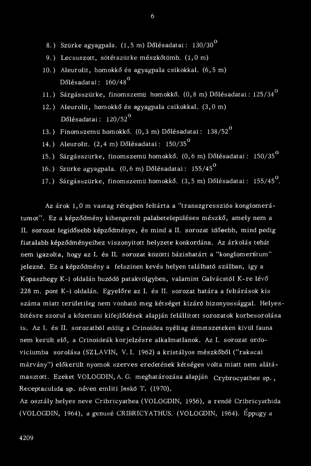 (0,3 m) D őlésadatai: 138/52 14. ) A leurolit. (2,4 m) D ő lésadatai: 150/35 15. ) Sárgásszürke, finom szem ü homokkő. (0,6 m) D ő lésad atai: 150/35 ^ 16. ) Szürke agyagpala.