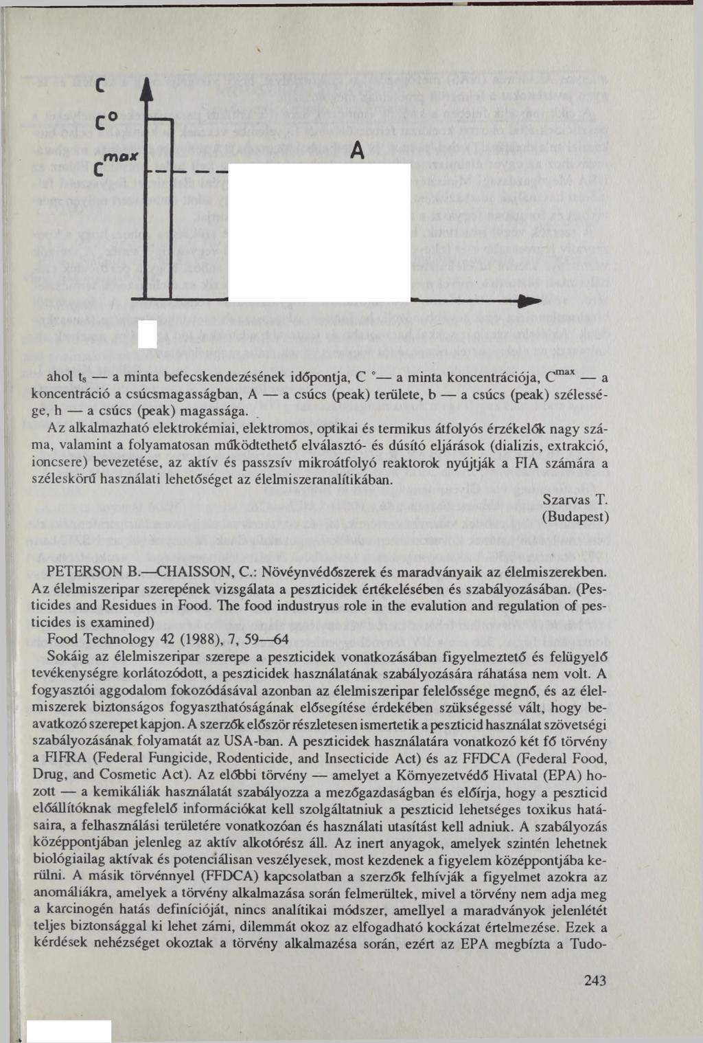 с С -1 с m a x А - i g ából ts a minta befecskendezésének időpontja, С a minta koncentrációja, Cmax a koncentráció a csúcsmagasságban, A a csúcs (peak) területe, b a csúcs (peak) szélessége, h a