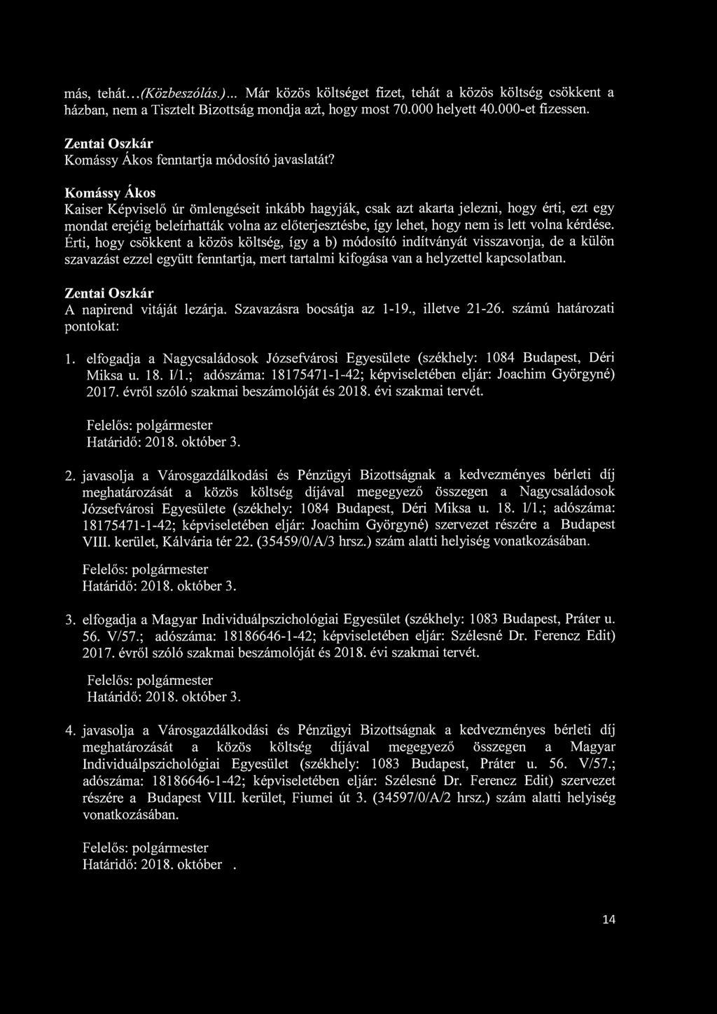 más, tehát... (Közbeszólás.)... Már közös költséget fizet, tehát a közös költség csökkent a házban, nem a Tisztelt Bizottság mondja az"t, hogy most 70.000 helyett 40.000-et fizessen.