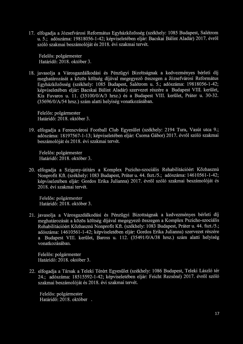 17. elfogadja a Józsefvárosi Református Egyházközösség (székhely: 1085 Budapest, Salétrom u. 5.; adószáma: 19818056-1-42; képviseletében eljár: Bácskái Bálint Aladár) 2017.