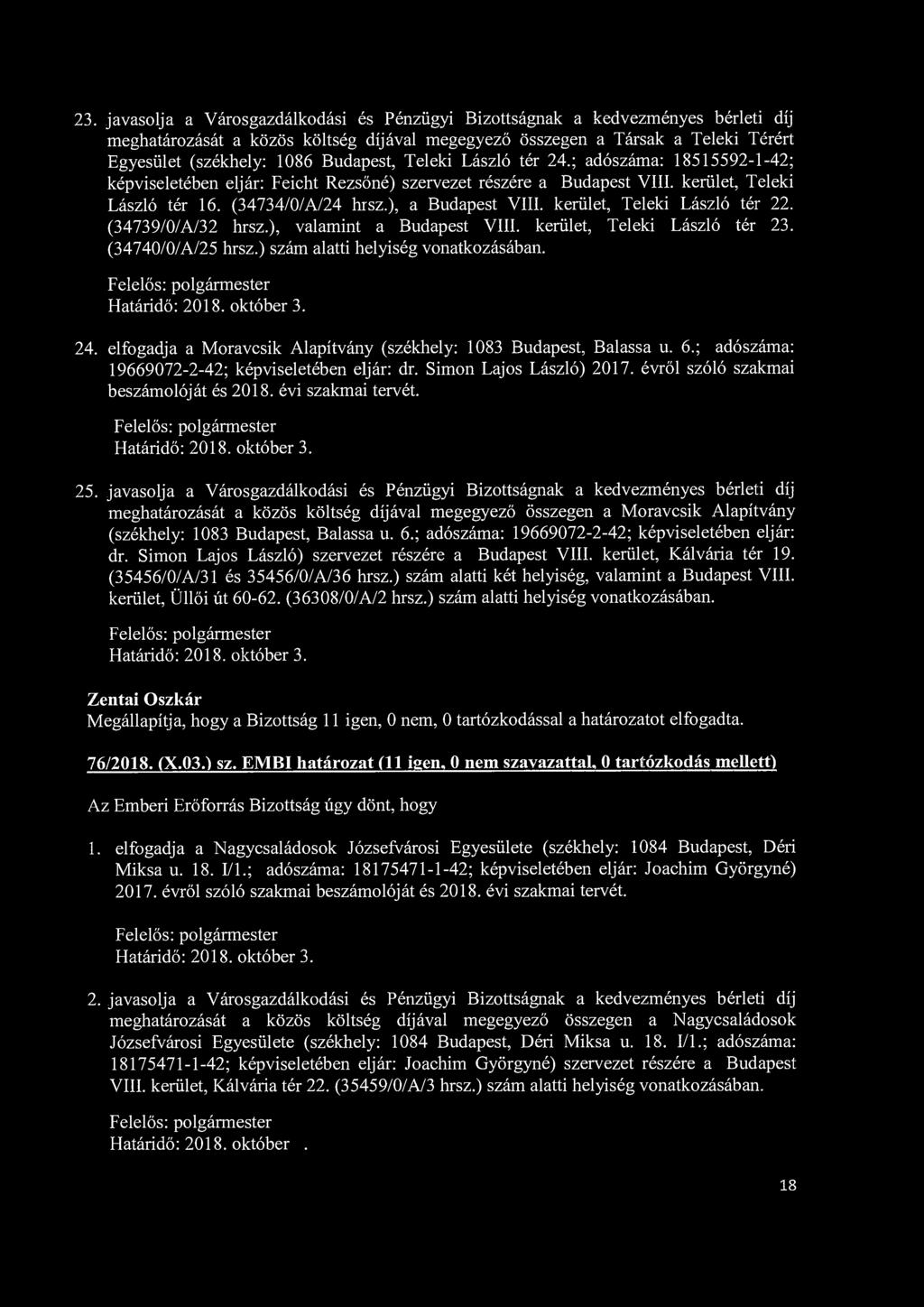 23. javasolja a Városgazdálkodási és Pénzügyi Bizottságnak a kedvezményes bérleti díj meghatározását a közös költség díjával megegyező összegen a Társak a Teleki Térért Egyesület (székhely: 1086