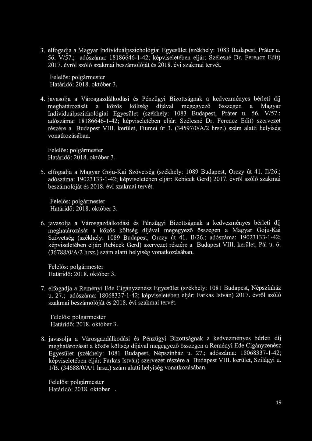 3. elfogadja a Magyar Individuálpszichológiai Egyesület (székhely: 1083 Budapest, Práter u. 56. V/57.; adószáma: 18186646-1-42; képviseletében eljár: Szélesné Dr. Ferencz Edit) 2017.