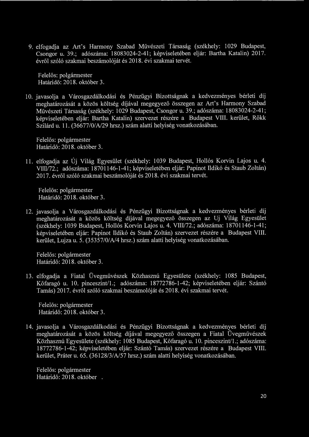 9. elfogadja az Art's Harmony Szabad Művészeti Társaság (székhely: 1029 Budapest, Csongor u. 39.; adószáma: 18083024-2-41; képviseletében eljár: Bartha Katalin) 2017.