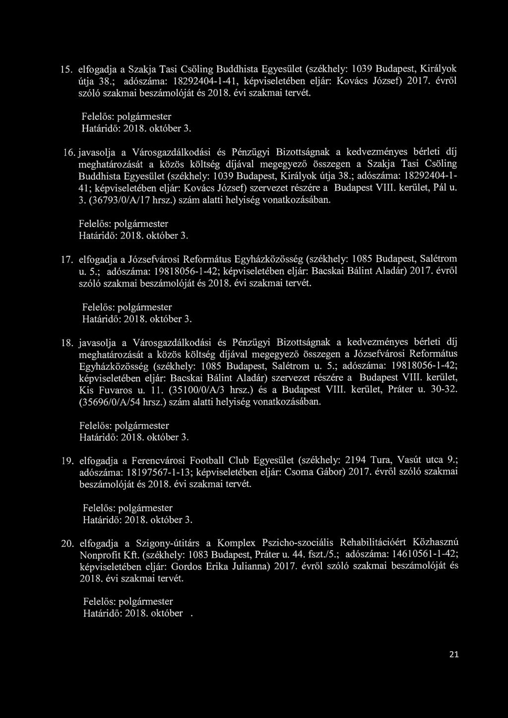 15. elfogadja a Szakja Tasi Csöling Buddhista Egyesület (székhely: 1039 Budapest, Királyok útja 38.; adószáma: 18292404-1-41, képviseletében eljár: Kovács József) 2017.