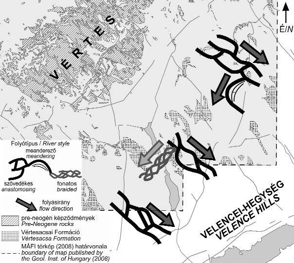 Földtani Közlöny 141/4 (2011) 379 17. ábra. A Vértesacsai Tagozat feltárásaiból rekonstruált folyótípusok és folyásirányok Figure 17.