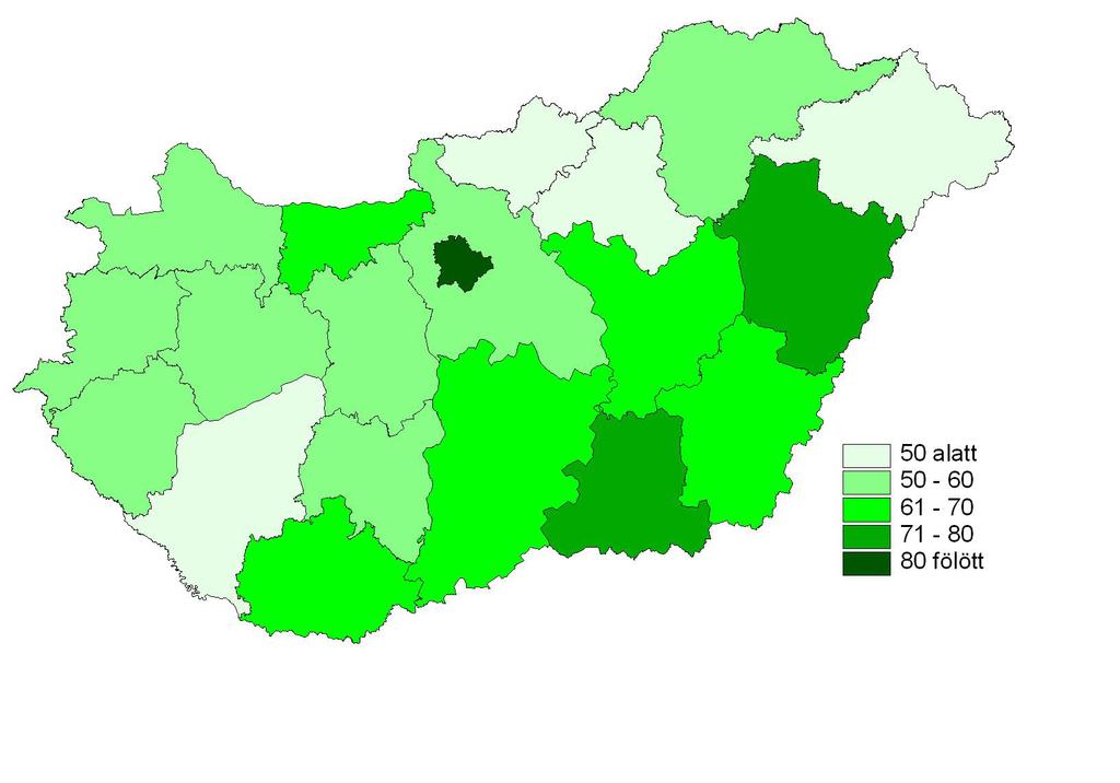 11. ábra: A városi lakosok aránya (százalékban kifejezve) hazánk megyéiben, 2007 (Forrás: saját szerkesztés a KSH adatai alapján) Az új városok számának rohamos növekedése miatt jelentősen megnőtt a