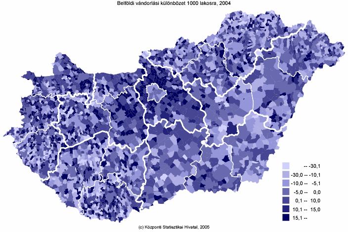 18. ábra: Hazánk településeinek vándorlási különbözete (Forrás: KSH) A térkép segítségével megállapítható, hogy a vándorlási mérleget tekintve már jóval több újonnan várossá nyilvánított település