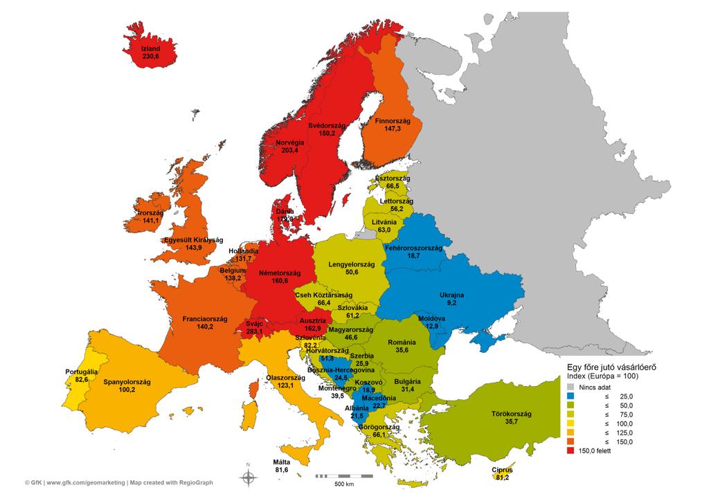 GfK Vásárlóerő-Index Európa országaiban* Egy főre jutó vásárlóerő,