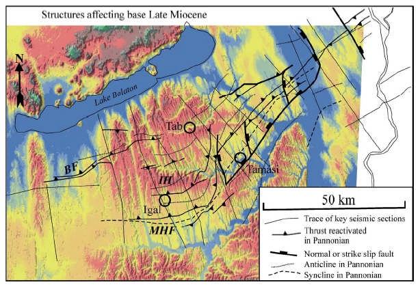 2. ábra. A pannóniai aljzatot ért szerkezetek. IH: Igali-hátság, MHF: Közép-Magyarországi vonal, BF: Balaton vonal (Csontos et al., 2005 után) 2. 3.