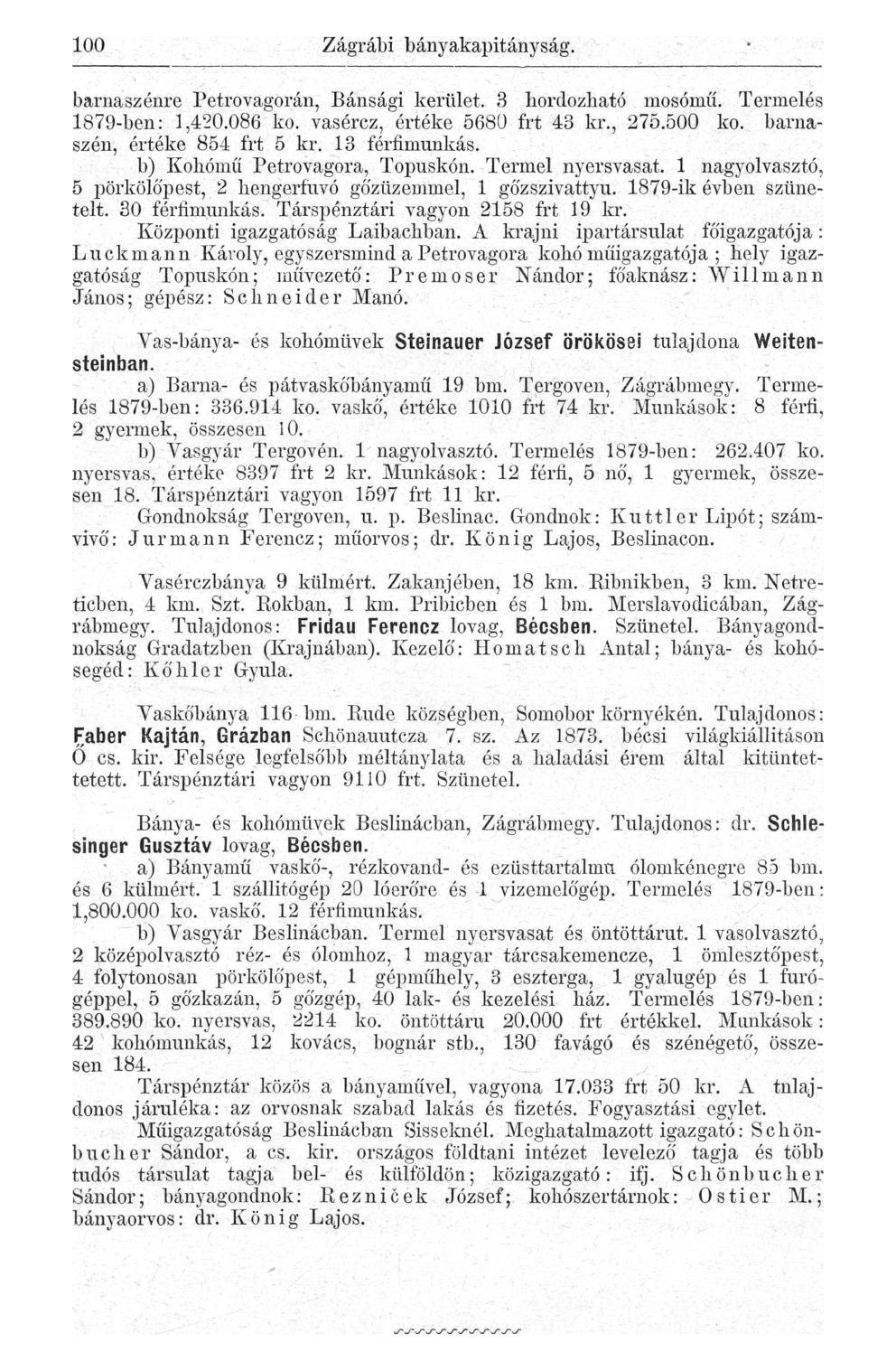 100 Zágrábi bányakapitányság. barnaszénre Petrovagorán, Bánsági kerület. 3 hordozható mosóniű. Termelés 1879-ben: 1,420.086 ko. vasércz, értéke 568Ü frt 43 kr., 275.500 ko.