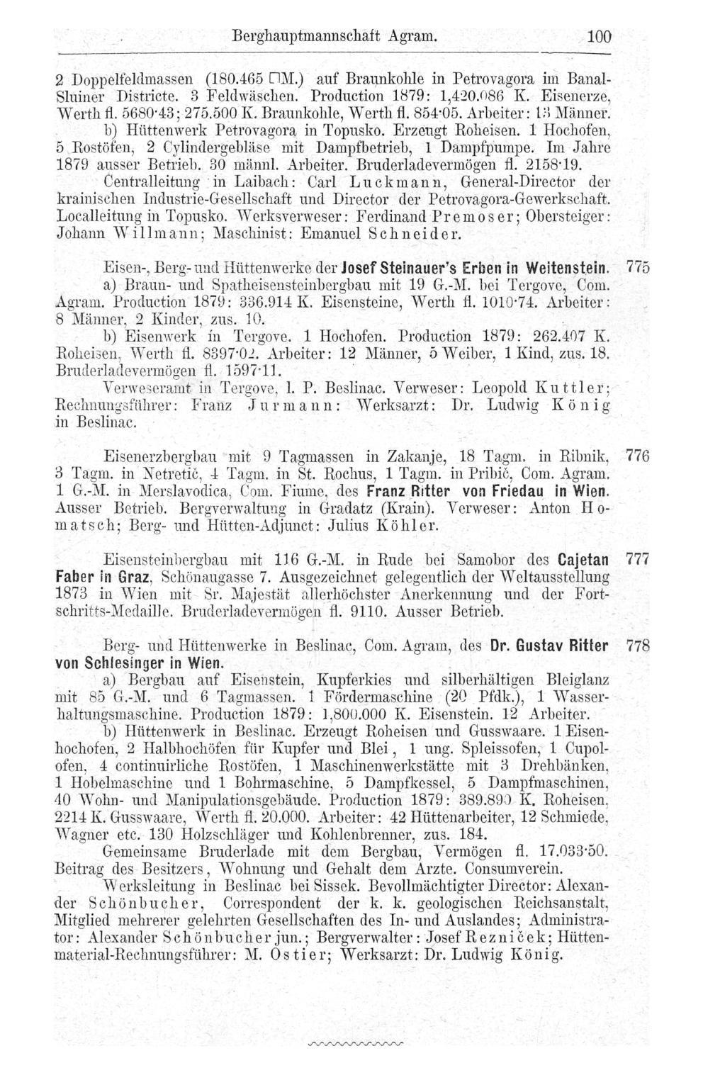 Berghauptmannschaft Agram. 100 2 Doppelfeldmassen (180.465 DM.) auf Braunkohle in Petrovagora im Banai- Sluiner Distriete. 3 Feldwäschen. Production 1879: 1,420.086 K. Eisenerze, Werth fl.