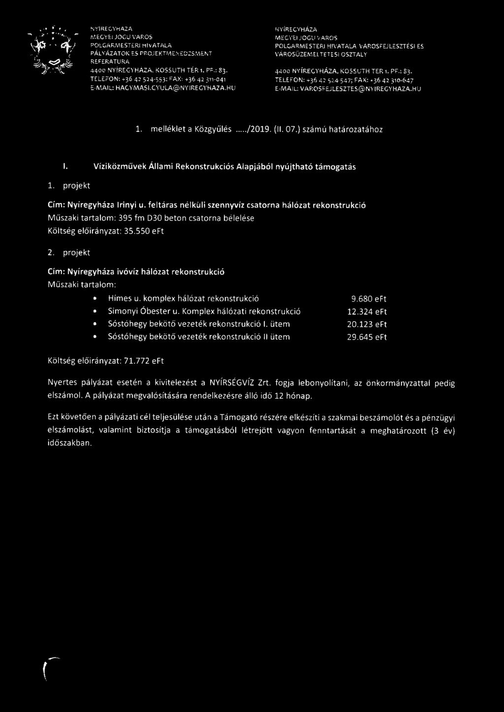 : s, TELEFON: 3& 42 5:.4 547; FAX +3. 42 '10647 EMAIL VAROS"EJLESZTES@NYIREGYHAZA.Hv 1. melléklet a Közgyűlés..../2019. 11. 07.) számú határozatához 1.