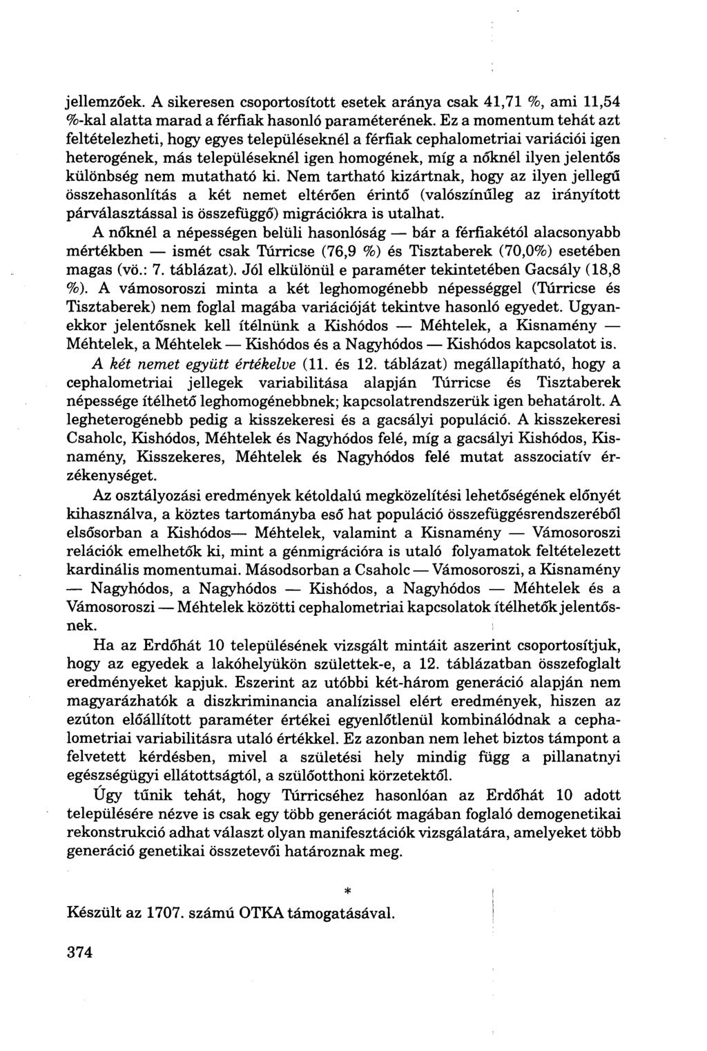 jellemzőek. A sikeresen csoportosított esetek aránya csak,7 %, ami, %kal alatta marad a férfiak hasonló paraméterének.